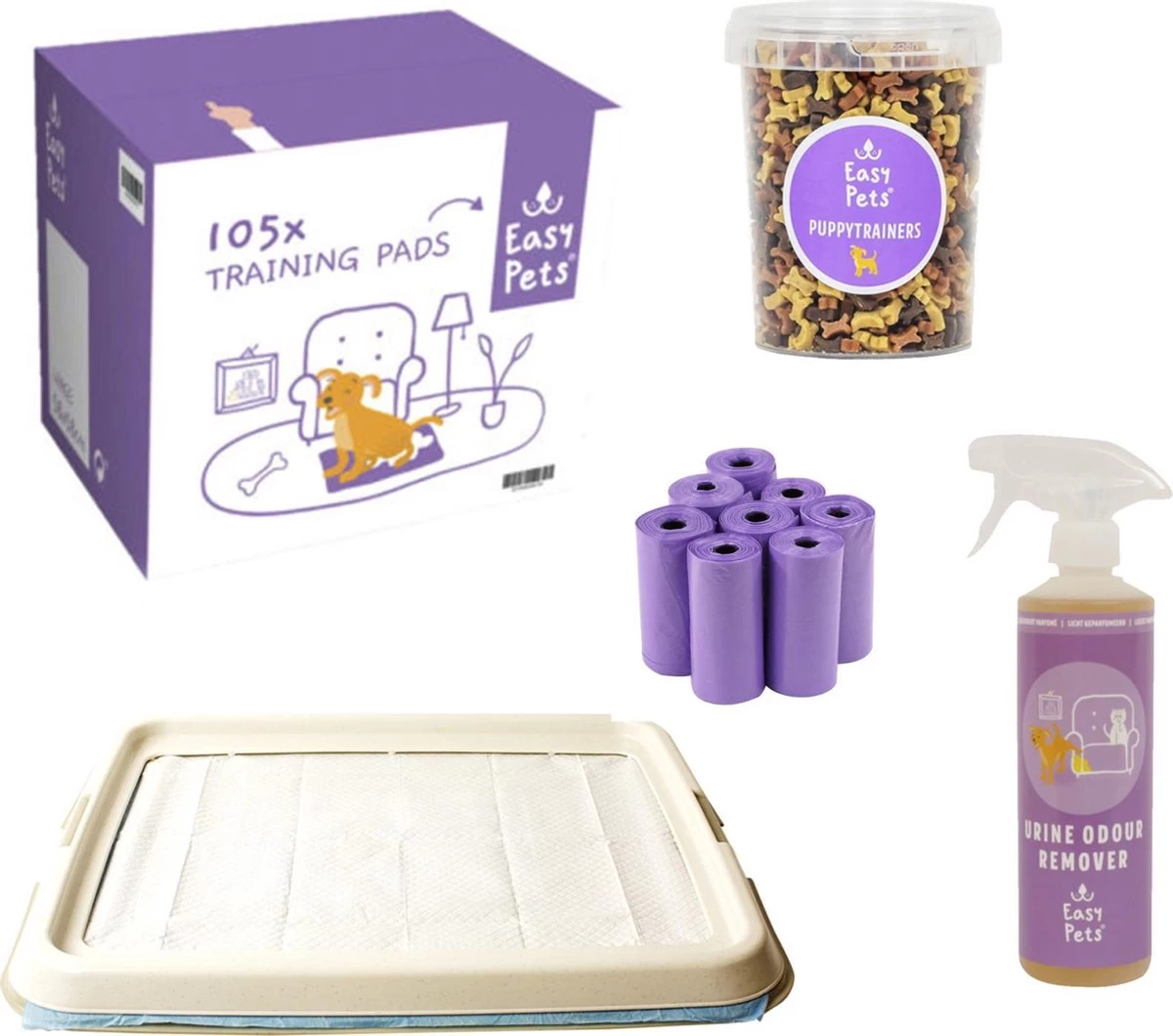Easypets Puppy Zindelijkheidspakket – Hondentoilet – Training Pads 105st – Padhouder – Puppy Trainers 500ml – Urinegeur Verwijderaar 500ml – Poepzakjes 160st