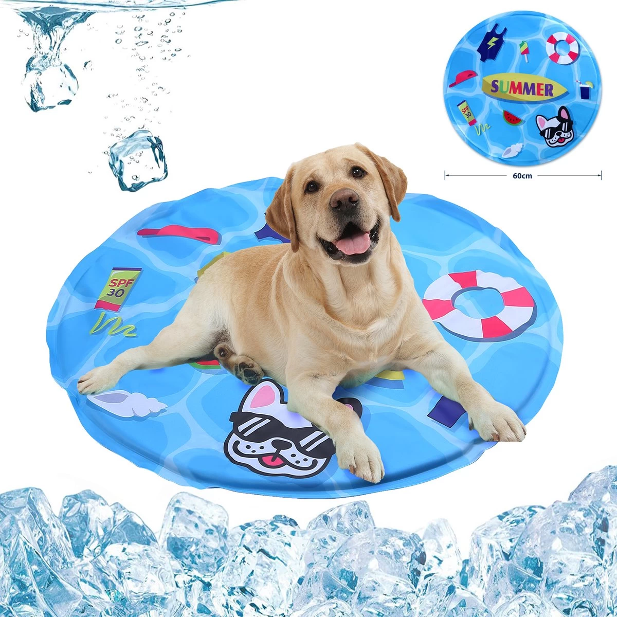 Himaly – Koelmat Honden Katten – Honden Koelmat – Automatisch Koelsysteem – Niet-giftige Gel Koelmat Pet Rond Bed – Zomer Slaapbed Koeling Hondendeken (60 * 60cm, Zomerfeest)