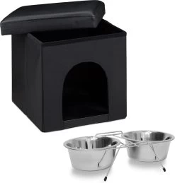 Relaxdays 2er Home Sweet Hond Set – Hondenmand – Zwarte Poef – Voerbakken – Voederbak