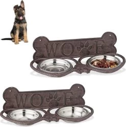 Relaxdays 2x Voerbak Hond – Met Standard – Rvs – Hondenvoerbak Wand – Dubbel – Gietijzer