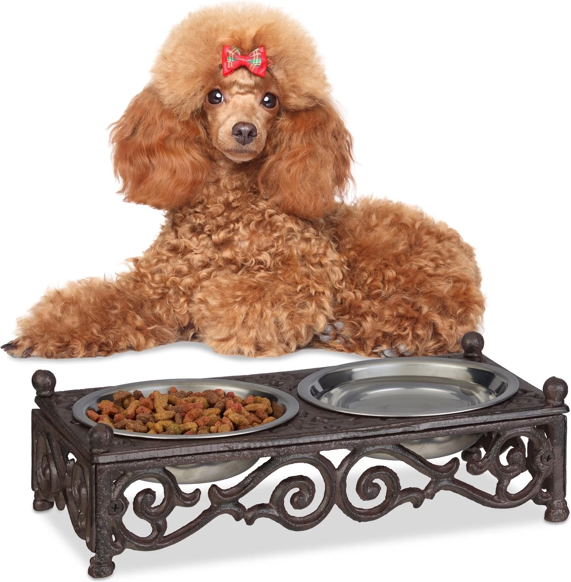 Relaxdays Dubbele Hondenvoerbak – Gietijzer – Antiek – Voerbak Kleine Honden – Rvs – Set