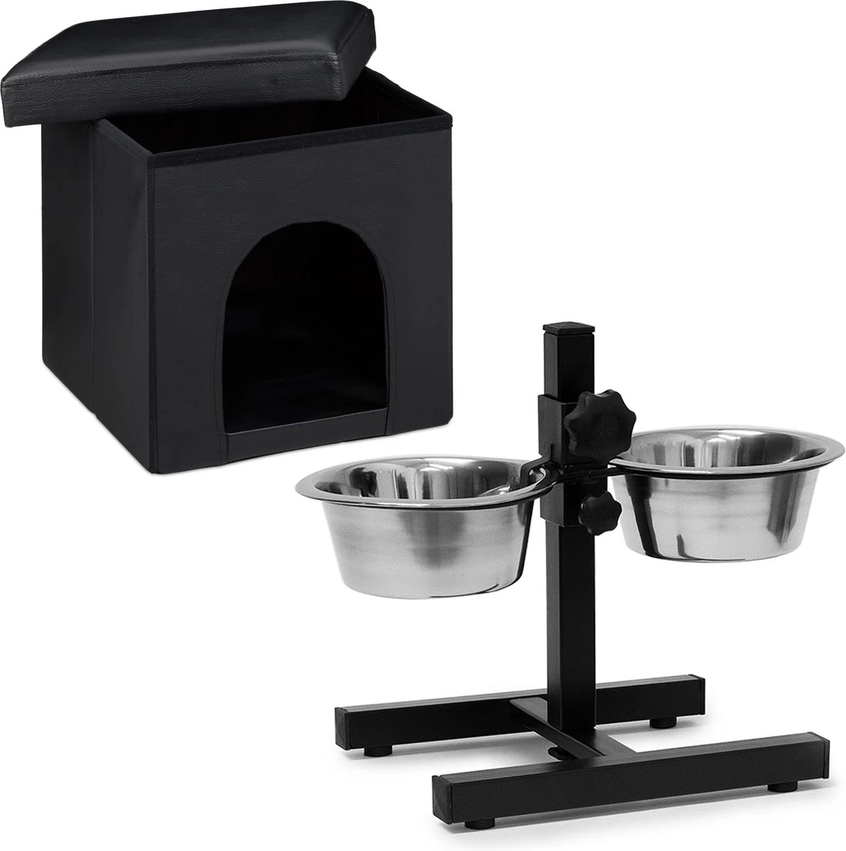 Relaxdays Kattenmand Poef Opvouwbaar – Voerbakken Op Houder – Kleine Hondenmand -kunstleer