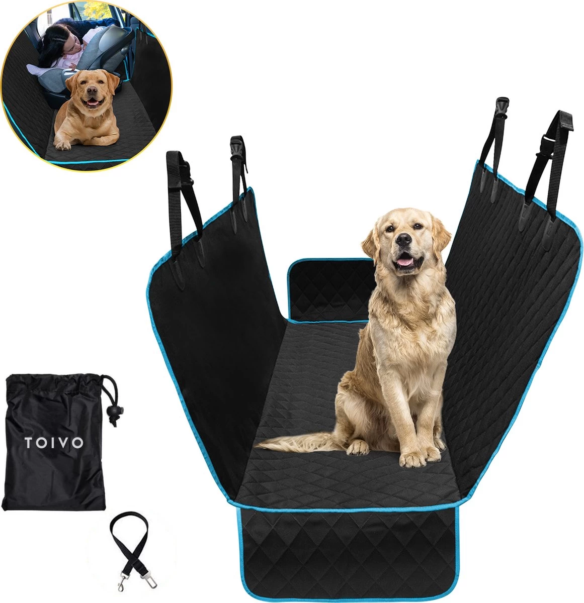 Toivo Hondendeken Auto Achterbank En Kofferbak – Dierendeken – Zwart / Blauw – 136 X 148 Cm – Incl. Opbergtas En Hondengordel – Beschermhoes – Reisbench Hond