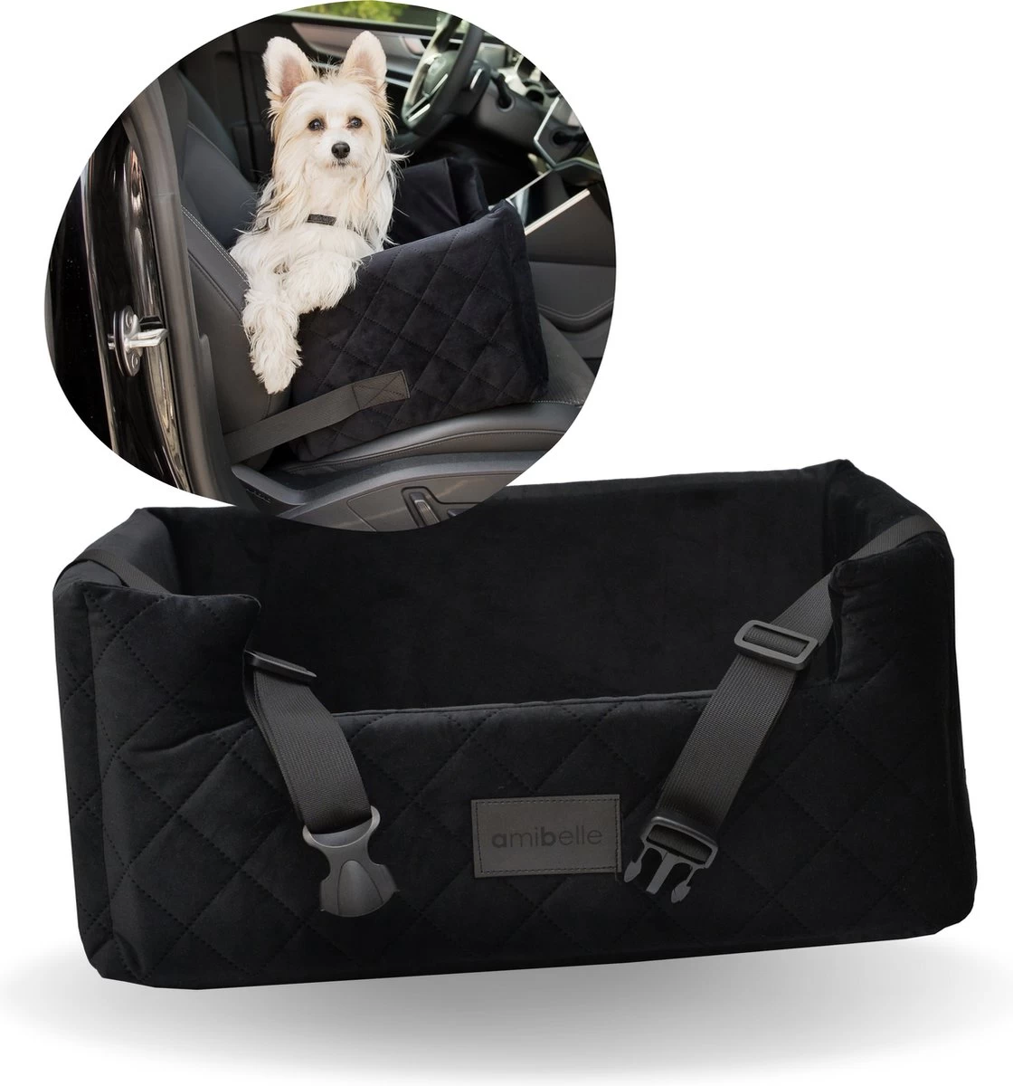 Velvet Black – Autostoel Voor Hond – 57x50cm – Wasbaar – Hondenmand Auto – Handgemaakt